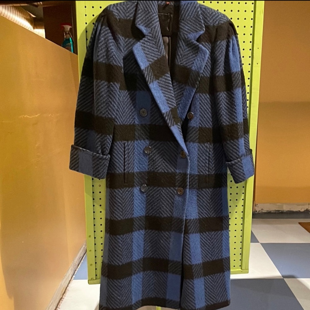 Vintage Wool Blue & Black Oversized Doubled Breasted Check Coat